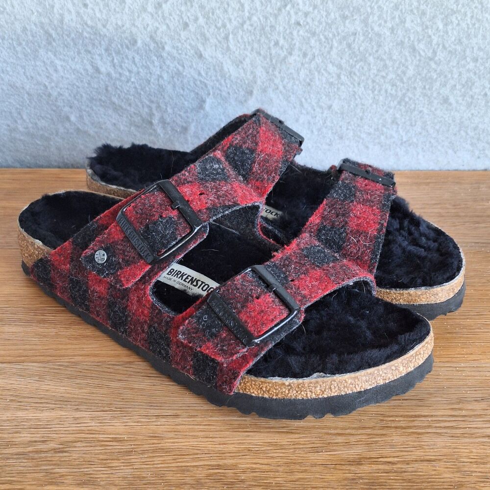 Birkenstock Arizona Shearling Sandals Women’s 6 6.5 Narrow EU 37 Red Plaid Black